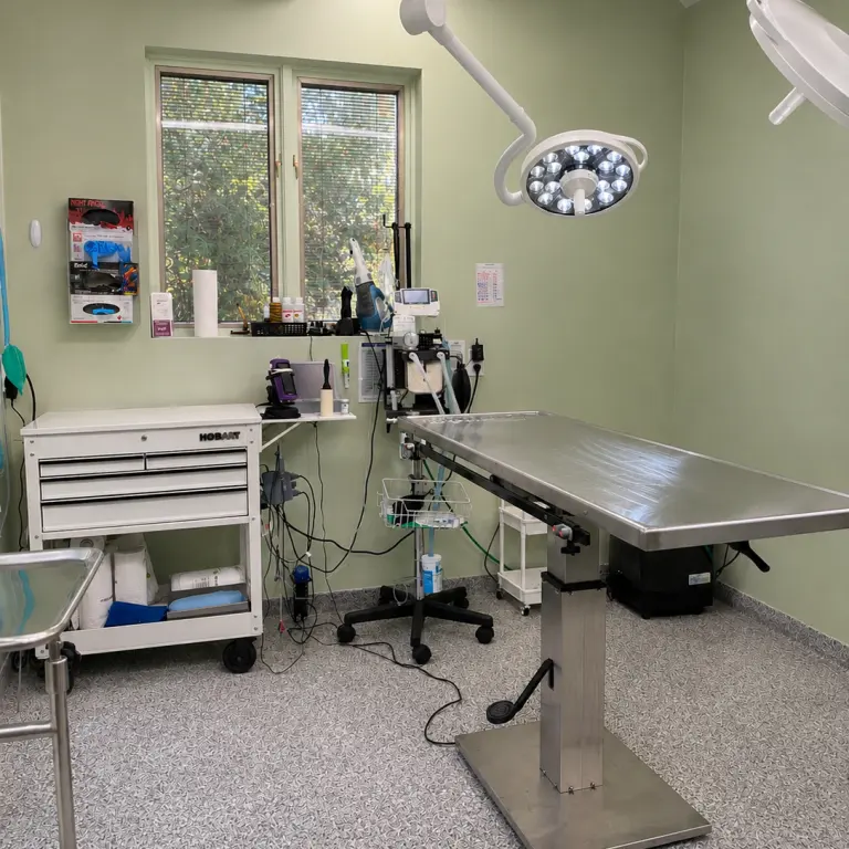 Exam room with green walls, a stainless steel table, a window and an overhead light
