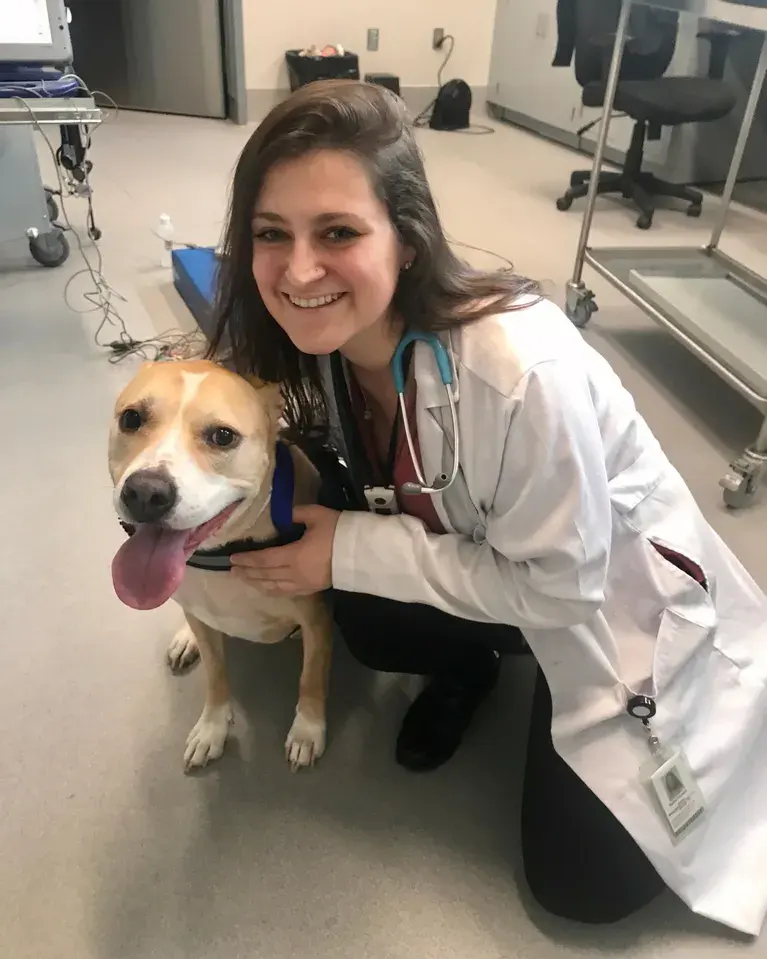 Rachel Finneson, DVM: Smiling woman in a white coat and stethoscope crouching to hug a happy tan and white dog in an exam area